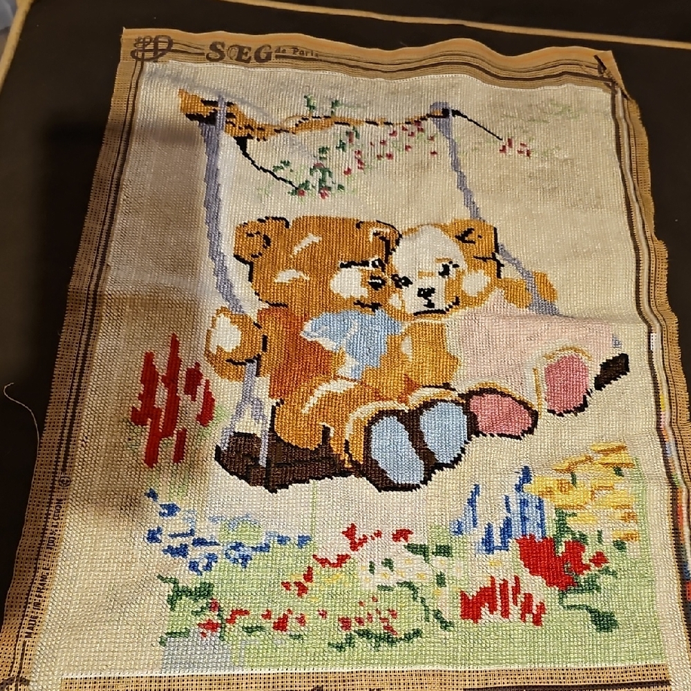 VINTAGE Colorful Needlepoint Tapestry  Bear Design Handmade Baby Picture